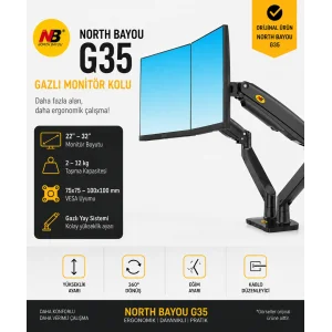 North Bayou G35 Çift Monitör Kolu 22-32 Gazlı Yaylı Ergonomik Monitör Standı 2-12 Kg VESA Uyumlu