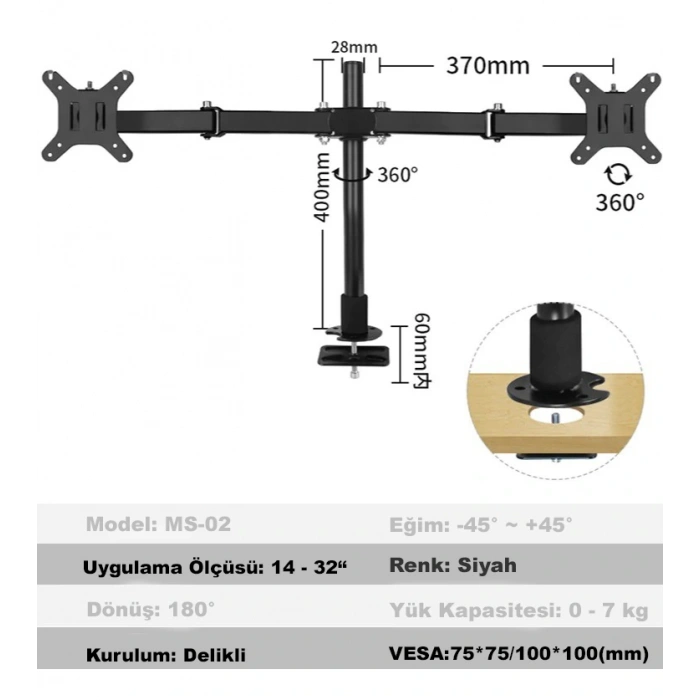 Masaüstü Ayarlanabilir 14-32” Çift Kol Monitör Tutucu SK14-32ÇİFTKOL