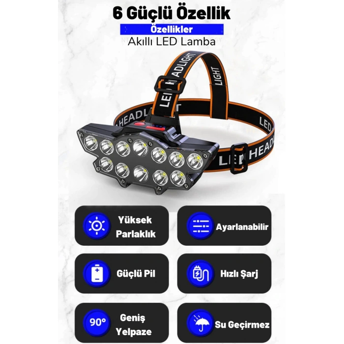 DailyTech 12 LED Şarj Edilebilir Su Geçirmez Kamp Kafa Feneri Lambası