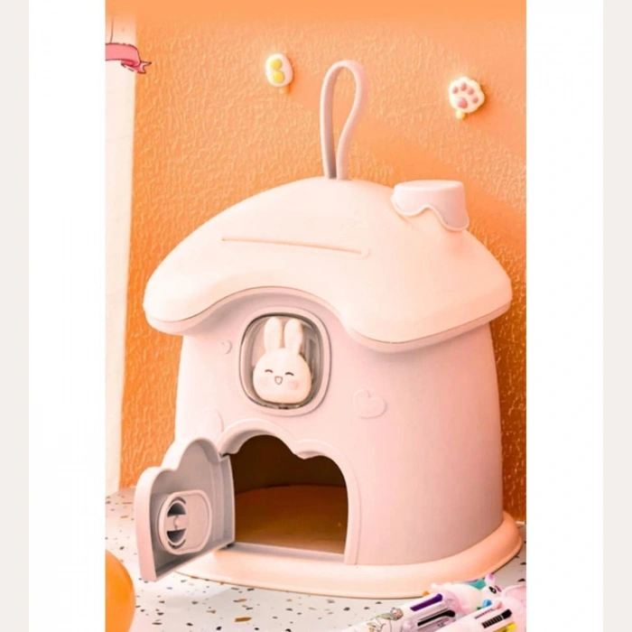 DailyTech Anahtarlı Sevimli Tavşan Figürlü Pembe Kumbara Çocuk Odası Dekoru Para Kutusu