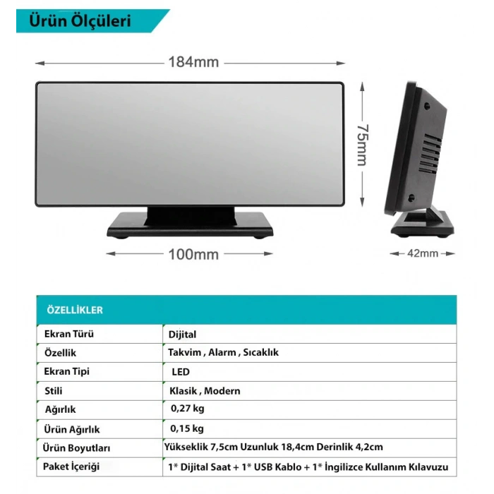 DailyTech Dekoratif Masa Üstü LED Ayna Dijital Çalar Saat