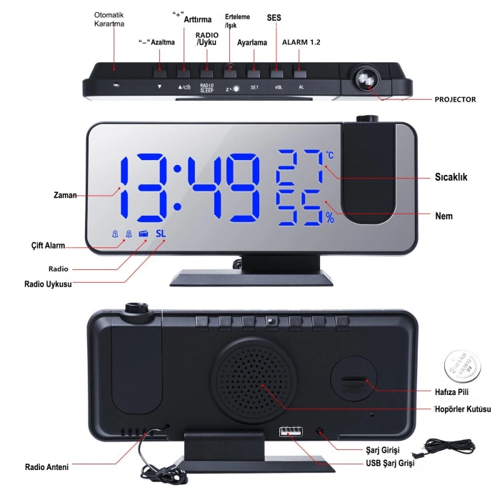 DailyTech Çok Fonksiyonlu Masaüstü Saat (FM Radio Alarm Projeksiyon Sıcaklık Alarm)