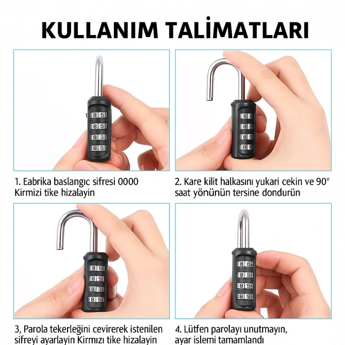 DailyTech 4 Haneli Şifreli Asma Kilit Çelik Halka Dolap Bavul Spor Çantası Okul Spor Salonu Kilidi