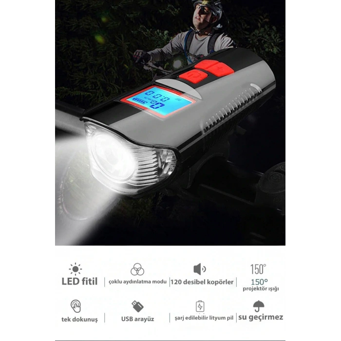 DailyTech Bisiklet Işık Korna LCD Hız Göstergesi Su Geçirmez Fener