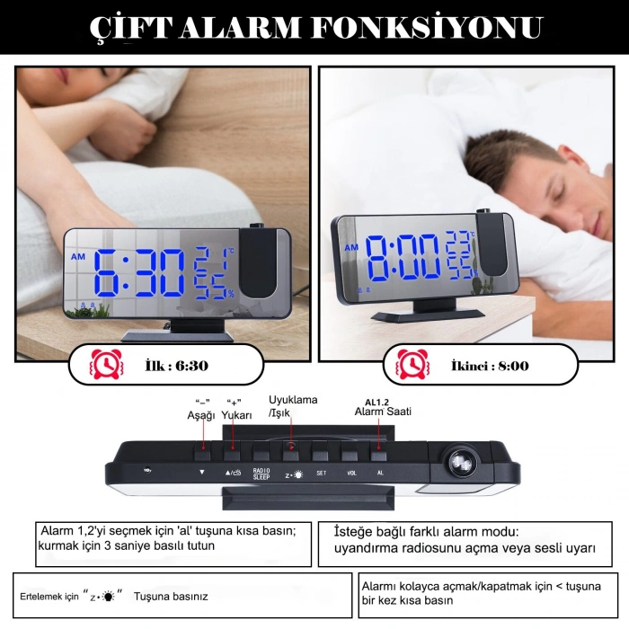 DailyTech Çok Fonksiyonlu Masaüstü Saat (FM Radio Alarm Projeksiyon Sıcaklık Alarm)