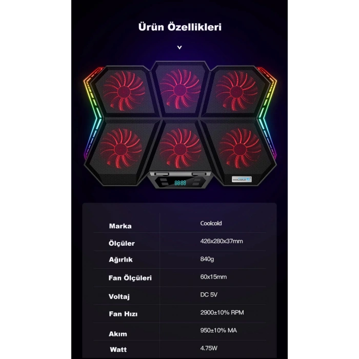 Coolcold LED K40 6 Fanlı 17 inç RGB Laptop Notebook Soğutucu Stand