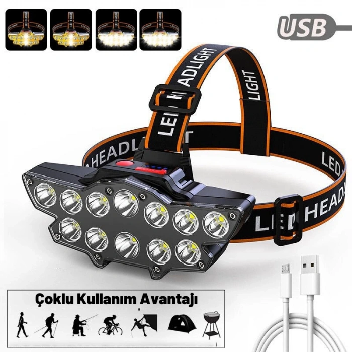 DailyTech 12 LED Şarj Edilebilir Su Geçirmez Kamp Kafa Feneri Lambası