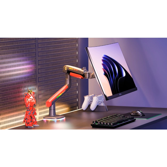 NB F5-GR Gaming Monitör Kolu 32-60 inç RGB Işıklı 2-20 KG Yüksek Taşıma Kapasiteli Profesyonel Monitör Askısı KIRMIZI