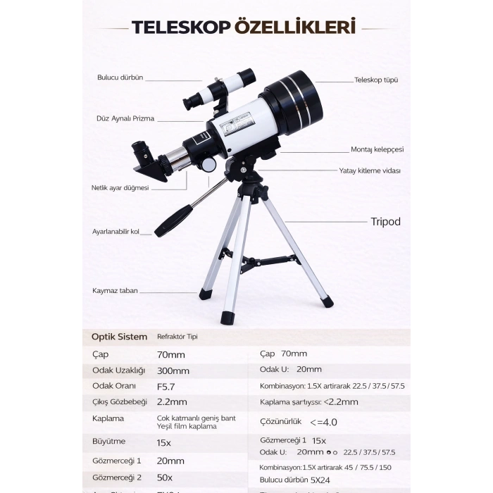 Profesyonel Astronomik Monoküler Teleskop Ay & Yıldız Gözlemi Eğitici Güçlü Optik Tripodlu Set