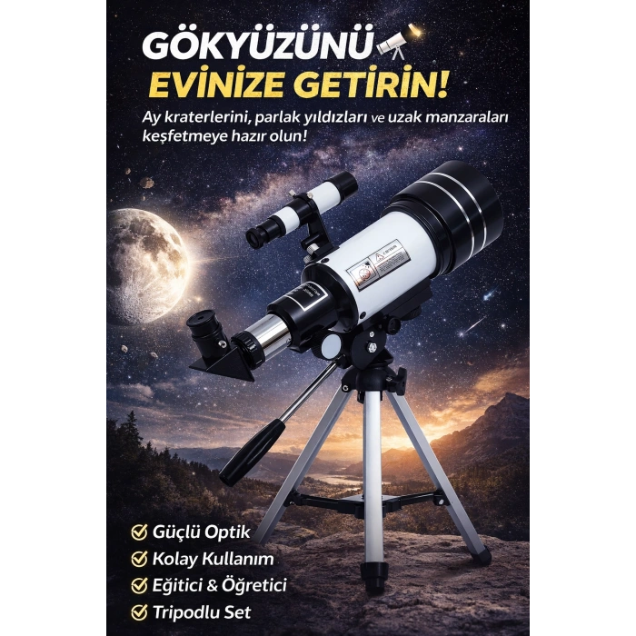Profesyonel Astronomik Monoküler Teleskop Ay & Yıldız Gözlemi Eğitici Güçlü Optik Tripodlu Set