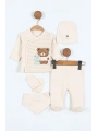 Erkek Bebek 5li Zıbın Takımı – Çizgi Desenli, Patikli, Ayıcık Nakışlı | Ekru