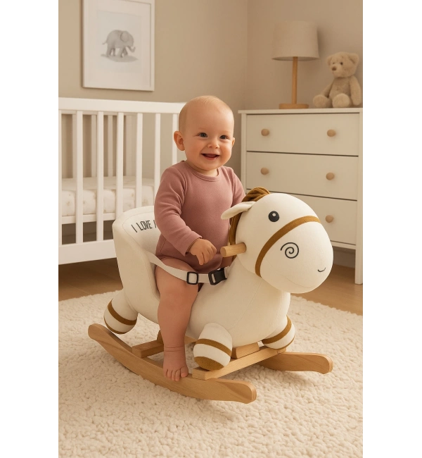 Ahşap Ayaklı Peluş Oyuncak Sallanan Eşek | Krem