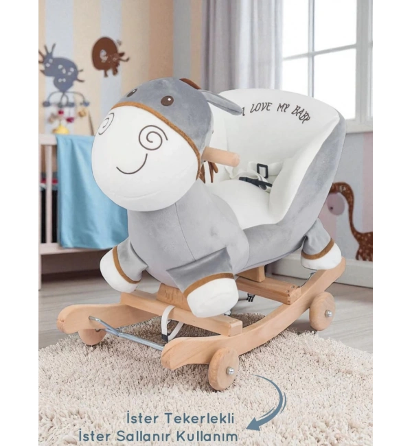Babyklas Tekerlekli ve Sallanan Peluş Eşek Oyuncak | Gri