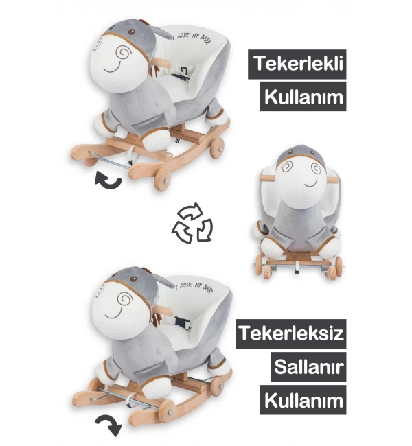 Babyklas Tekerlekli ve Sallanan Peluş Eşek Oyuncak | Gri