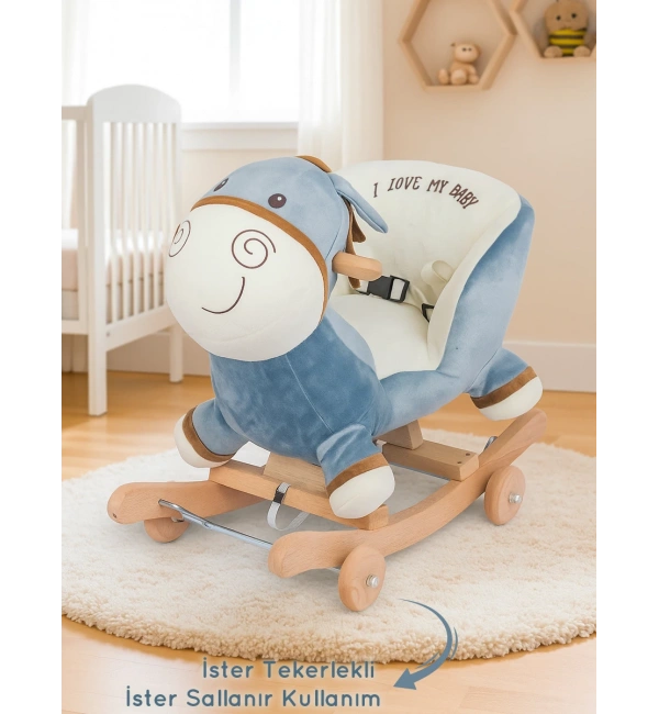 Babyklas Tekerlekli ve Sallanan Peluş Eşek Oyuncak | Mavi