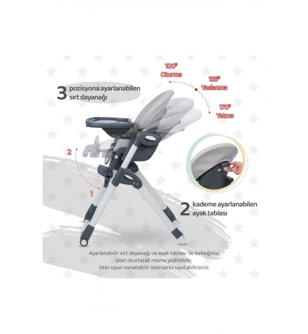 Be-Be Cozy Asansörlü Lüks Mama Sandalyesi - Gri