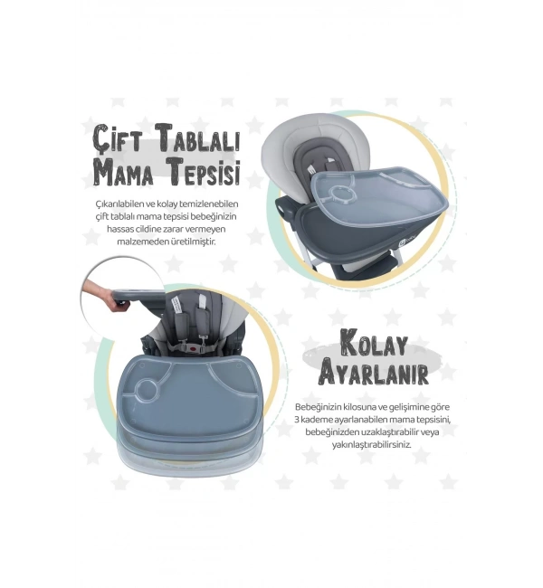 Be-Be Cozy Asansörlü Lüks Mama Sandalyesi - Gri