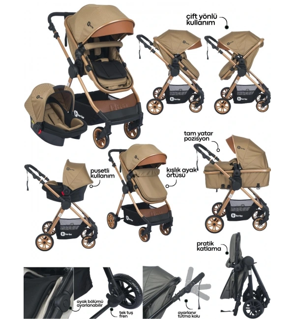 Be-Be Elegant Lux Travel Çift Yön Tam Yatış Pozisyonlu Pratik Katlanır Pusetli Bebek Arabası - Kahve