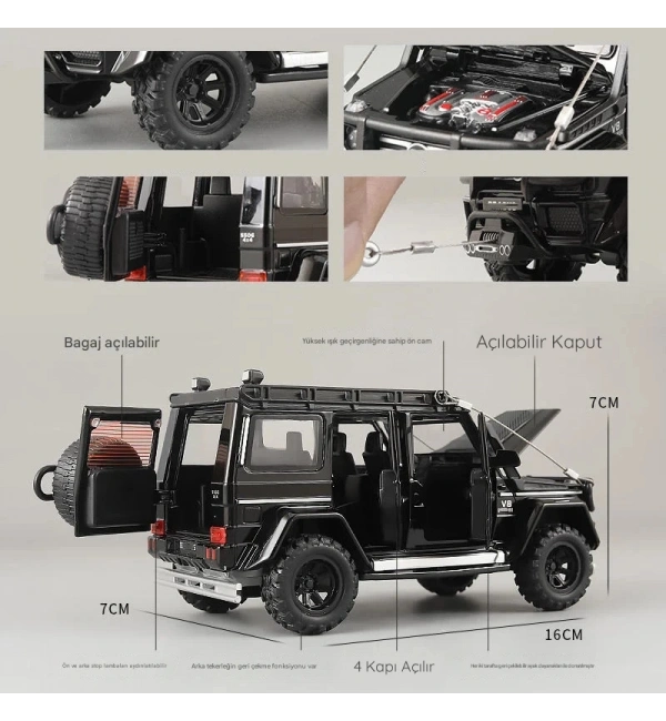 Çek Bırak Işıklı ve Sesli Off-Road Jeep Oyuncak Araba – 1:32 Ölçek, Kapılar Açılır