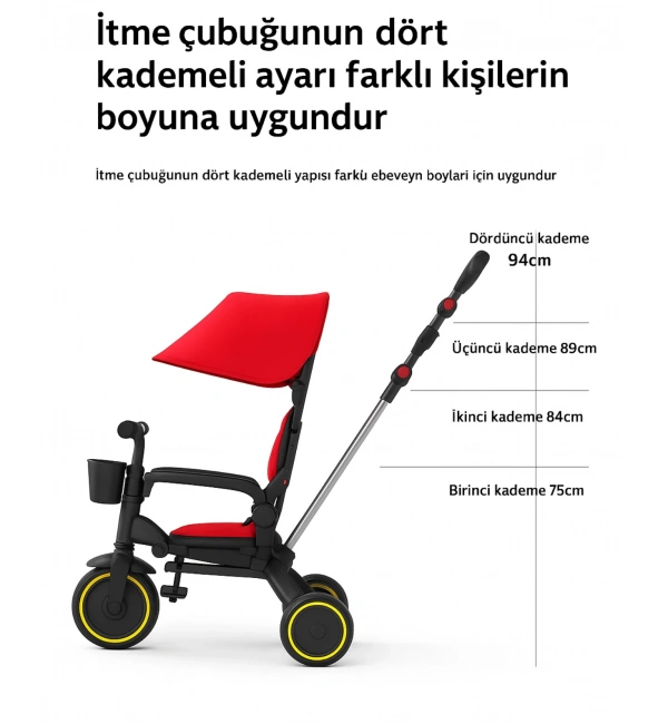 Ebeveyn Kontrollü 3 Tekerlekli Katlanabilir Bisiklet | Kırmızı