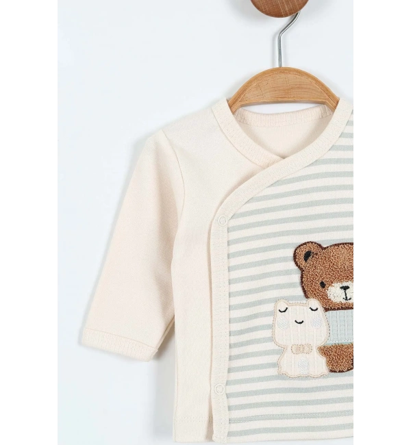 Erkek Bebek 5li Zıbın Takımı – Çizgi Desenli, Patikli, Ayıcık Nakışlı | Su Yeşili