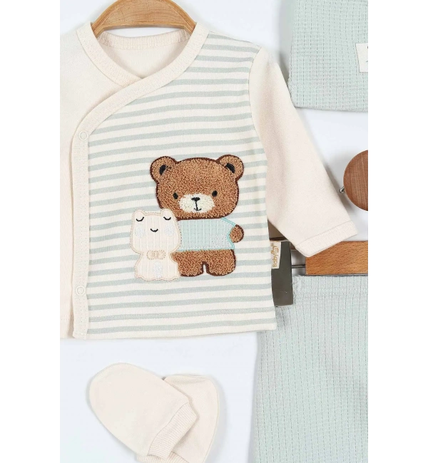 Erkek Bebek 5li Zıbın Takımı – Çizgi Desenli, Patikli, Ayıcık Nakışlı | Su Yeşili