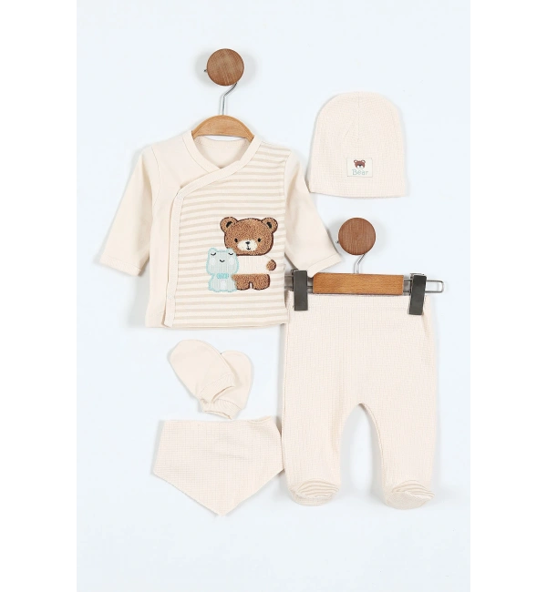 Erkek Bebek 5li Zıbın Takımı – Çizgi Desenli, Patikli, Ayıcık Nakışlı | Ekru