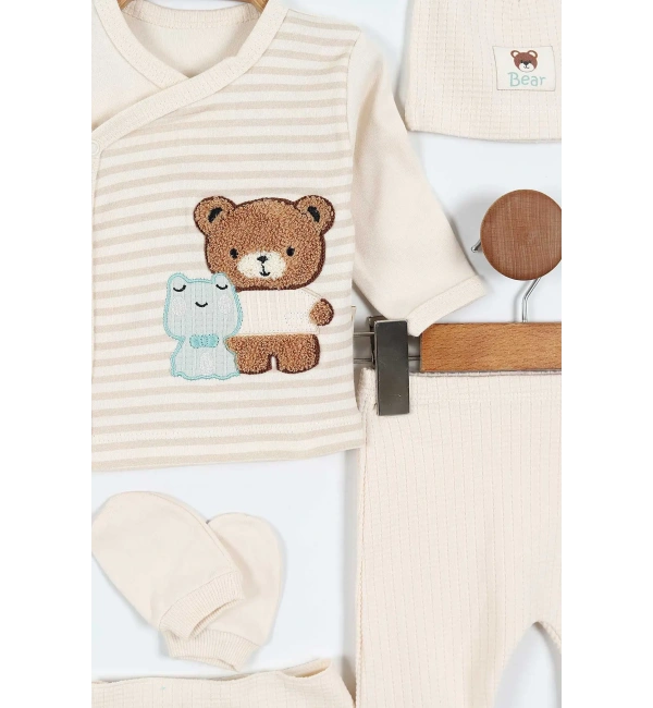 Erkek Bebek 5li Zıbın Takımı – Çizgi Desenli, Patikli, Ayıcık Nakışlı | Ekru