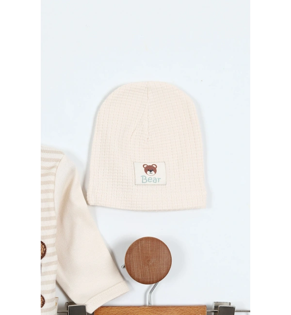 Erkek Bebek 5li Zıbın Takımı – Çizgi Desenli, Patikli, Ayıcık Nakışlı | Ekru