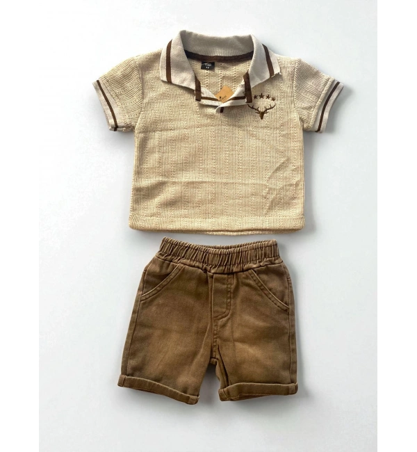 Erkek Triko Geyik Kafası Yıldız Nakışlı 2li Takım / Kahve