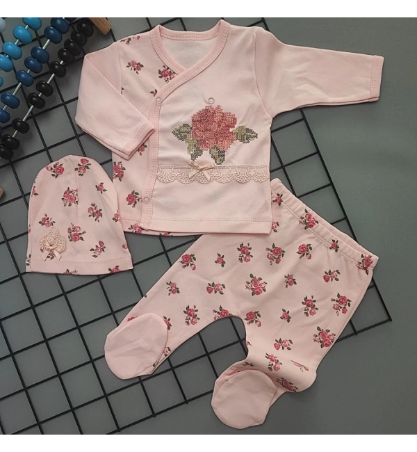 Gül Kanaviçe Çiçek Nakışlı 3lü Kız Bebek Takım Hastane Çıkışı