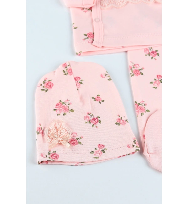 Gül Kanaviçe Çiçek Nakışlı 3lü Kız Bebek Takım Hastane Çıkışı