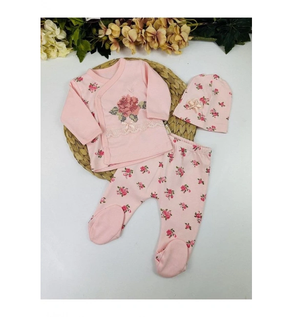 Gül Kanaviçe Çiçek Nakışlı 3lü Kız Bebek Takım Hastane Çıkışı