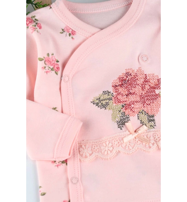 Gül Kanaviçe Çiçek Nakışlı 3lü Kız Bebek Takım Hastane Çıkışı