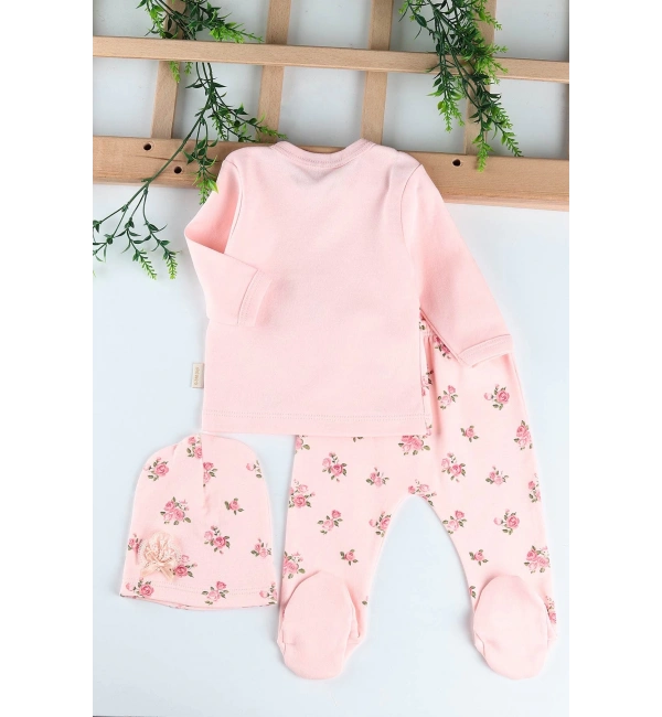 Gül Kanaviçe Çiçek Nakışlı 3lü Kız Bebek Takım Hastane Çıkışı
