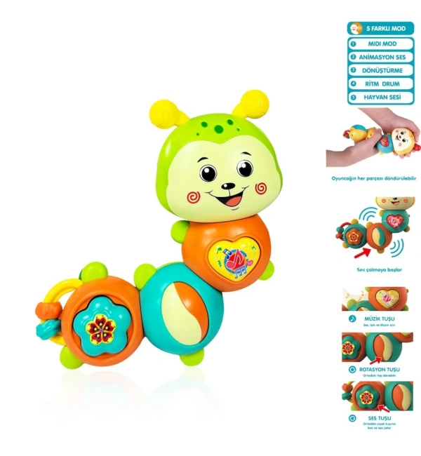Vardem Işıklı Ve Müzikli Tırtıl Bebek Piyanosu Eğitim Oyuncağı - Yeşil