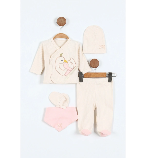 Yeni Doğan Kuğu Nakışlı Patikli Çıtçıtlı 5li Kız Bebek Hastane Çıkışı