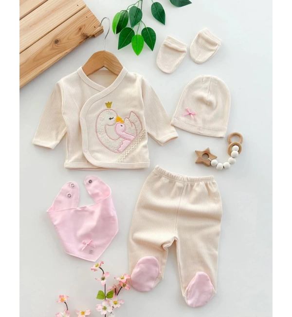 Yeni Doğan Kuğu Nakışlı Patikli Çıtçıtlı 5li Kız Bebek Hastane Çıkışı