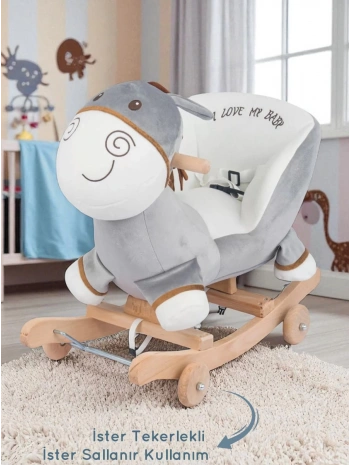 Babyklas Tekerlekli ve Sallanan Peluş Eşek Oyuncak | Gri
