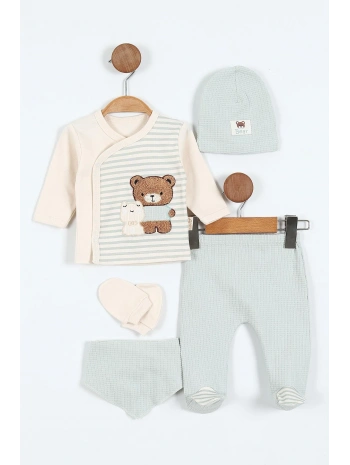 Erkek Bebek 5li Zıbın Takımı – Çizgi Desenli, Patikli, Ayıcık Nakışlı | Su Yeşili