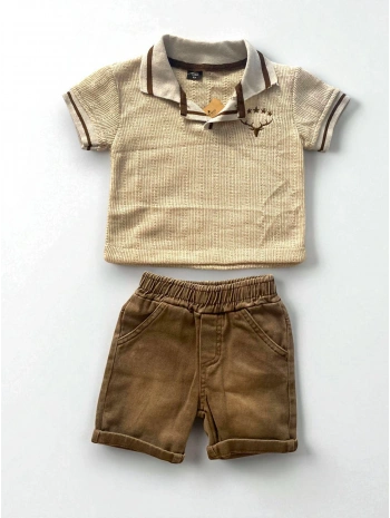 Erkek Triko Geyik Kafası Yıldız Nakışlı 2li Takım / Kahve