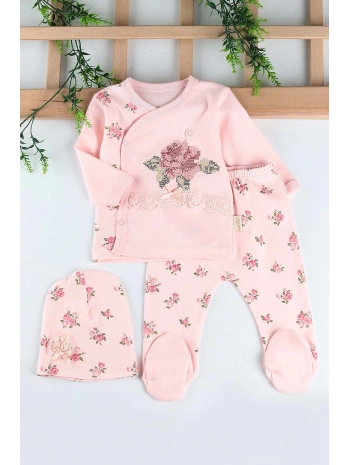 Gül Kanaviçe Çiçek Nakışlı 3lü Kız Bebek Takım Hastane Çıkışı