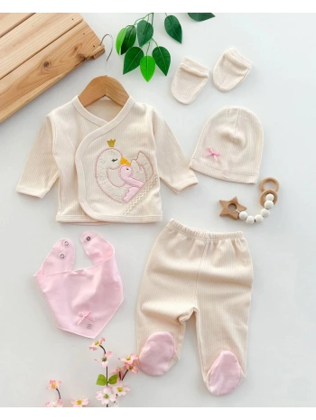 Yeni Doğan Kuğu Nakışlı Patikli Çıtçıtlı 5li Kız Bebek Hastane Çıkışı