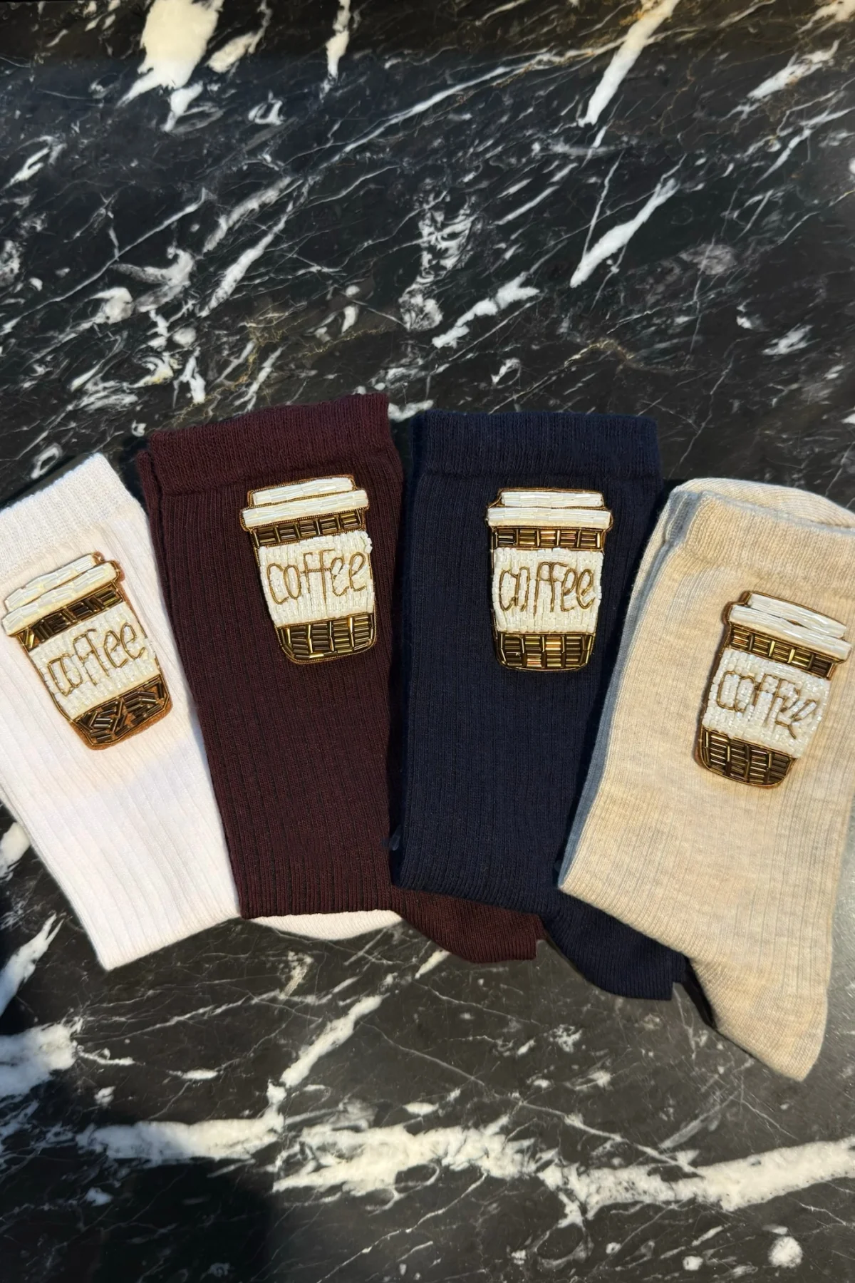 Coffee İşlemeli Fitilli Cotton Çorap
