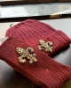 Bordo Lotus İşlemeli Yün Çorap & Bere