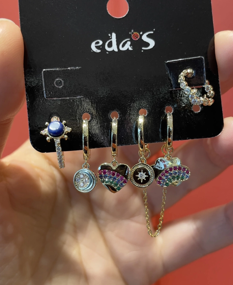 Edas Renkli Taşlı Ear Cuff lı Küpe Seti