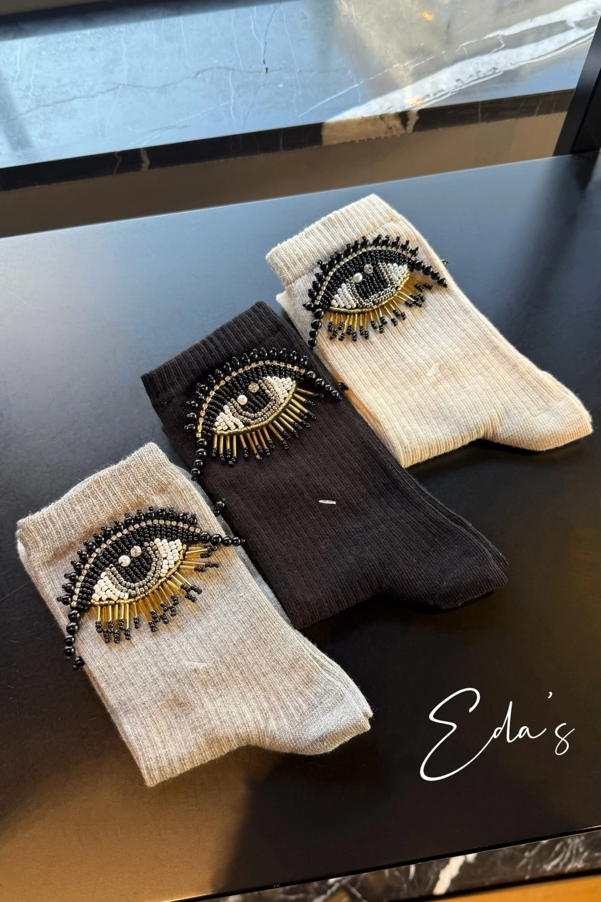 Boncuklu Kirpik Göz İşlemeli Cotton Fitilli Çorap