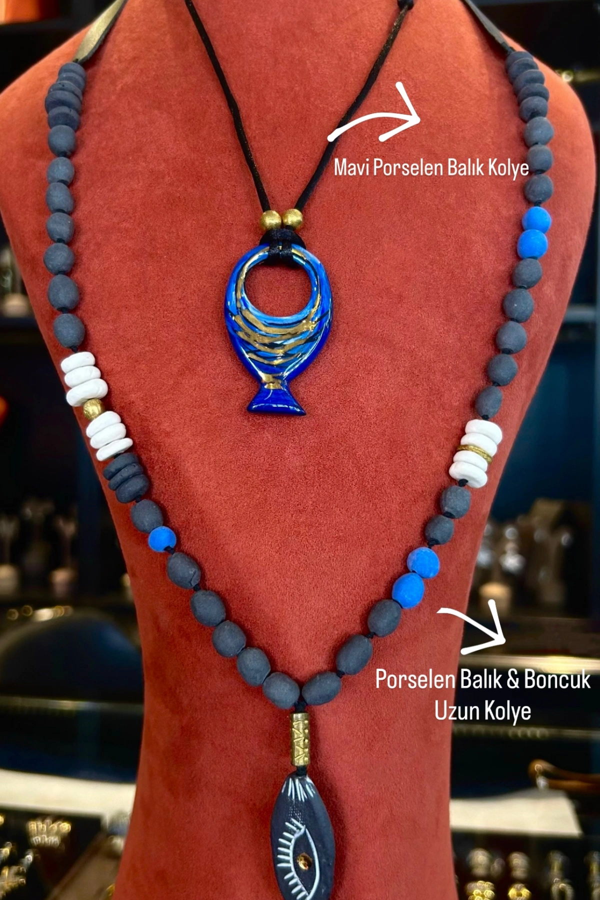 Porselen Boncuk & Balık Uzun Kolye (1)