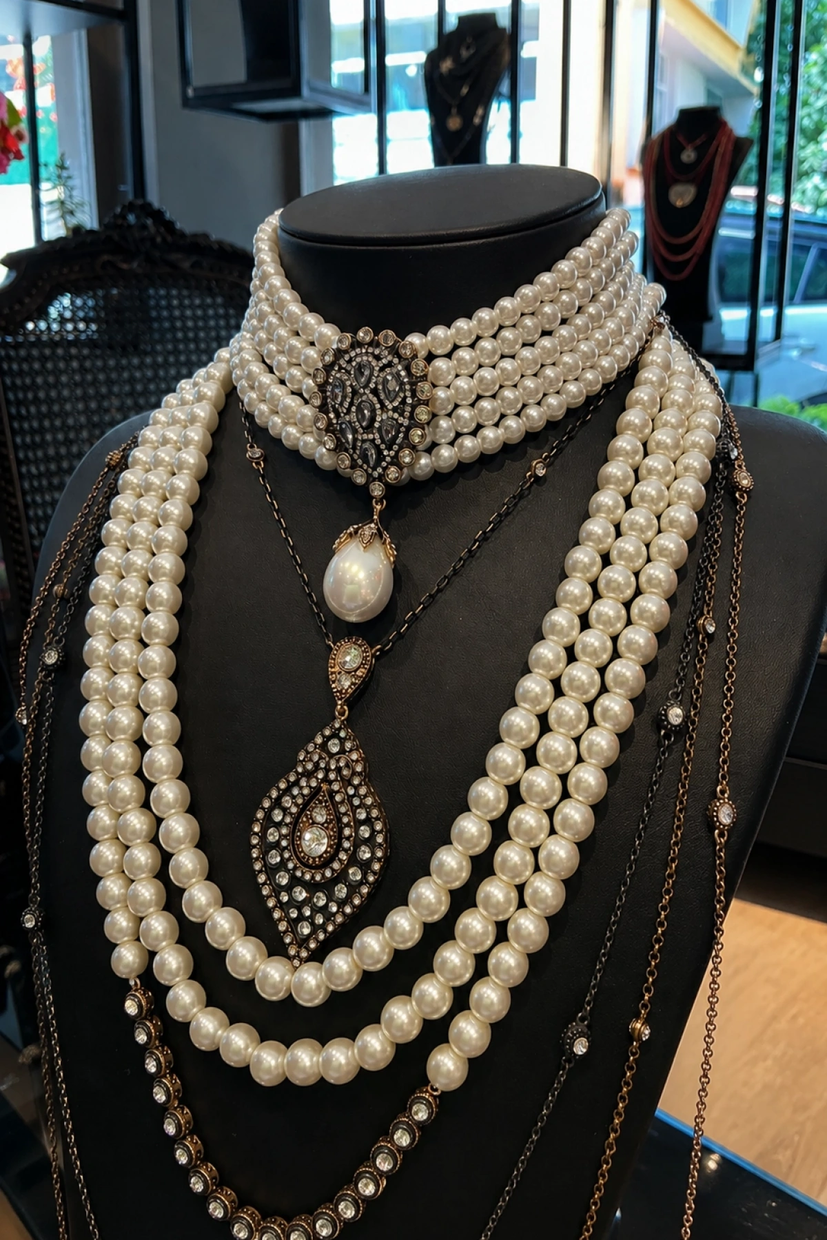 İnci tasarım elmas montür choker