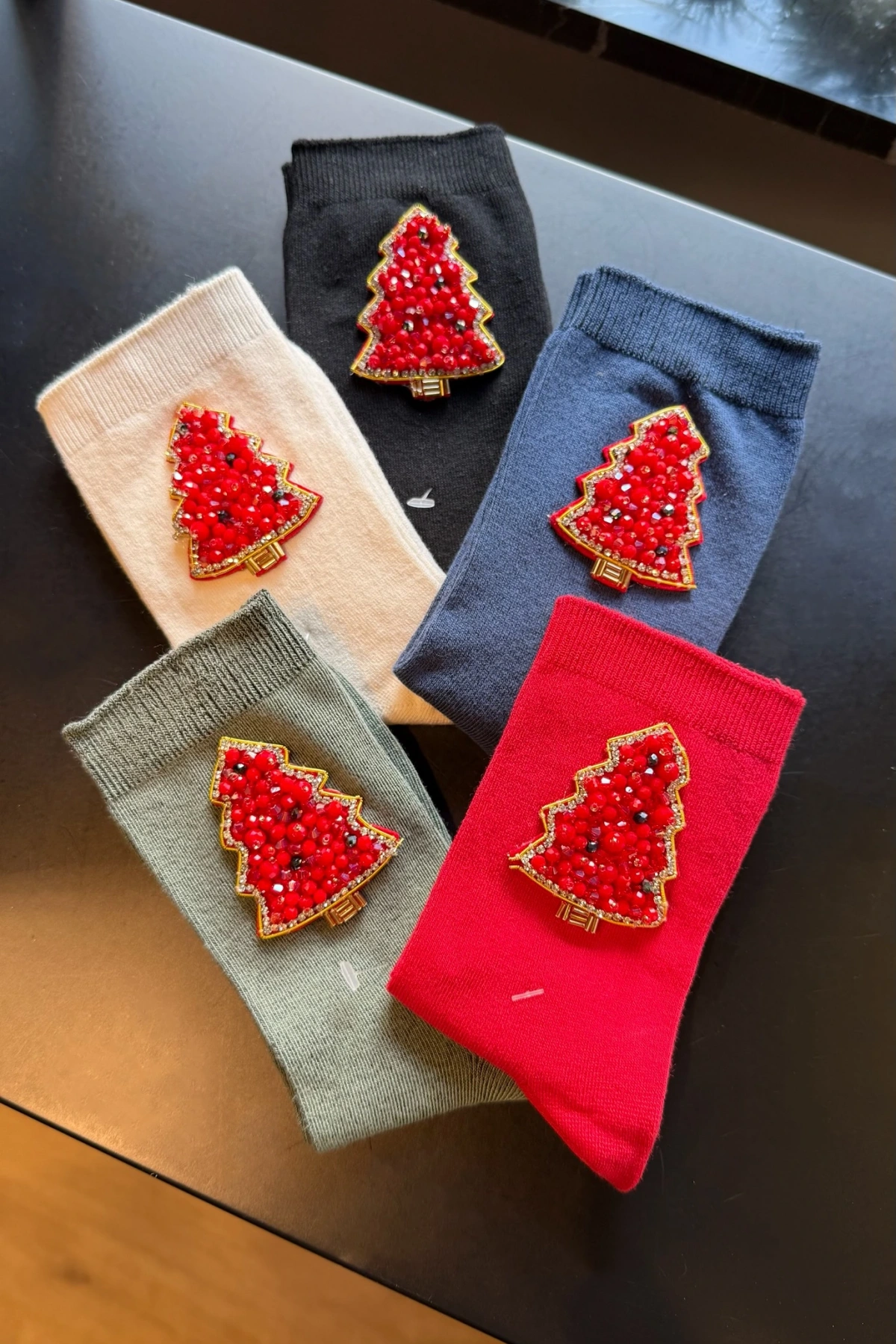 Kırmızı Yılbaşı Ağacı İşlemeli Cotton Çorap